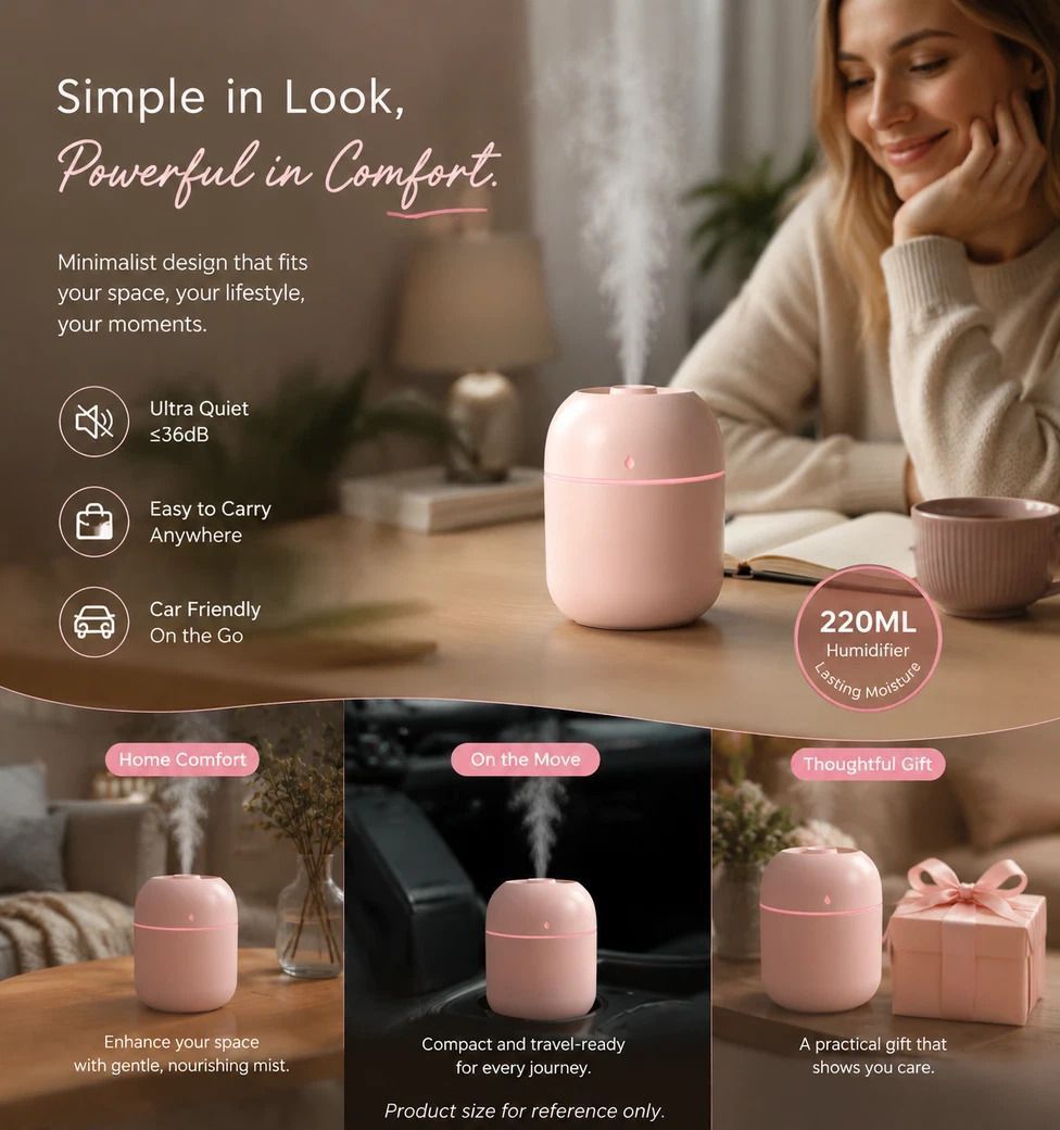 USB Water Drop Mini Humidifier 220ML Pink, Holiday Present - Image 1