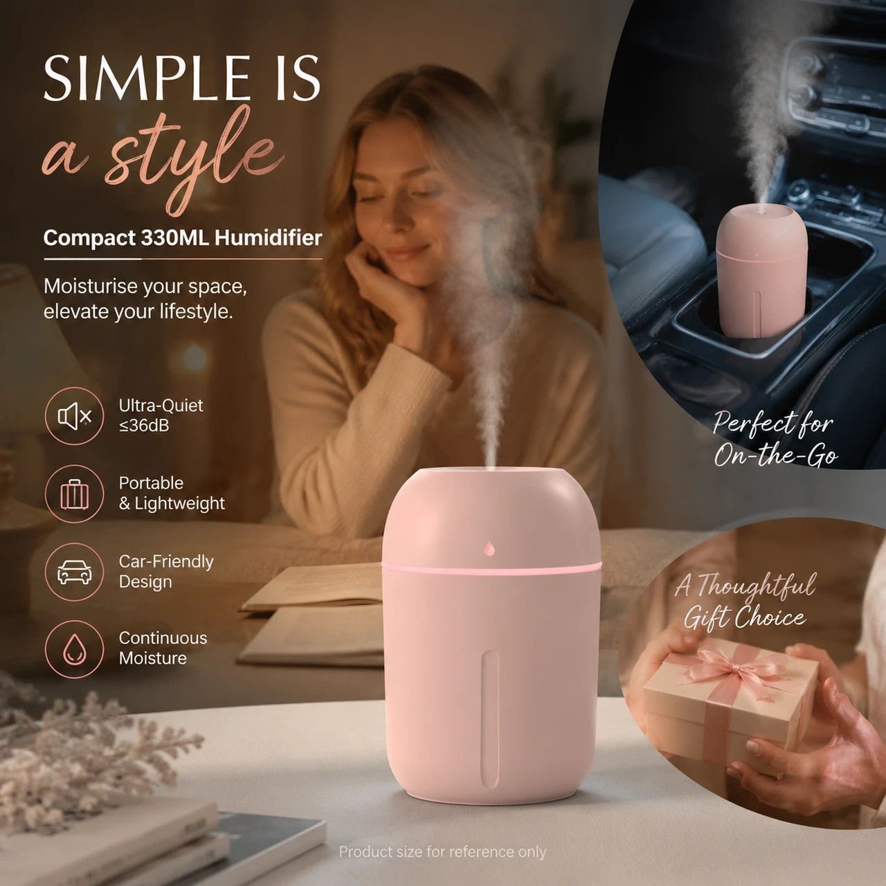 USB Water Drop Mini Humidifier 330ML Pink, Xmas Decor Gift - Image 1