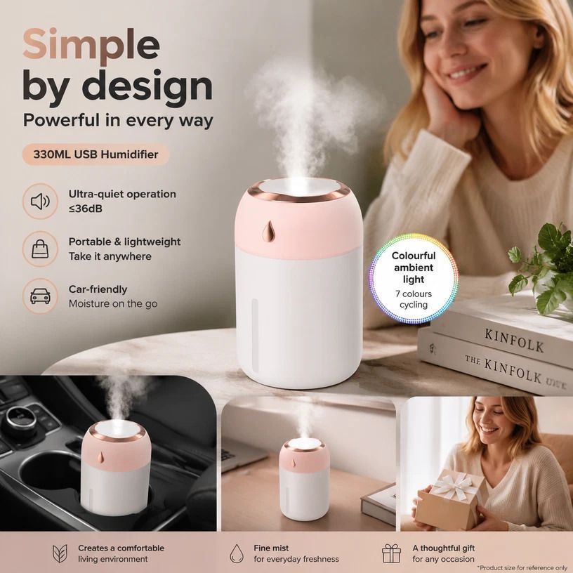 USB Colour Light Mini Humidifier 330ML Pink, Festive Gift - Image 1