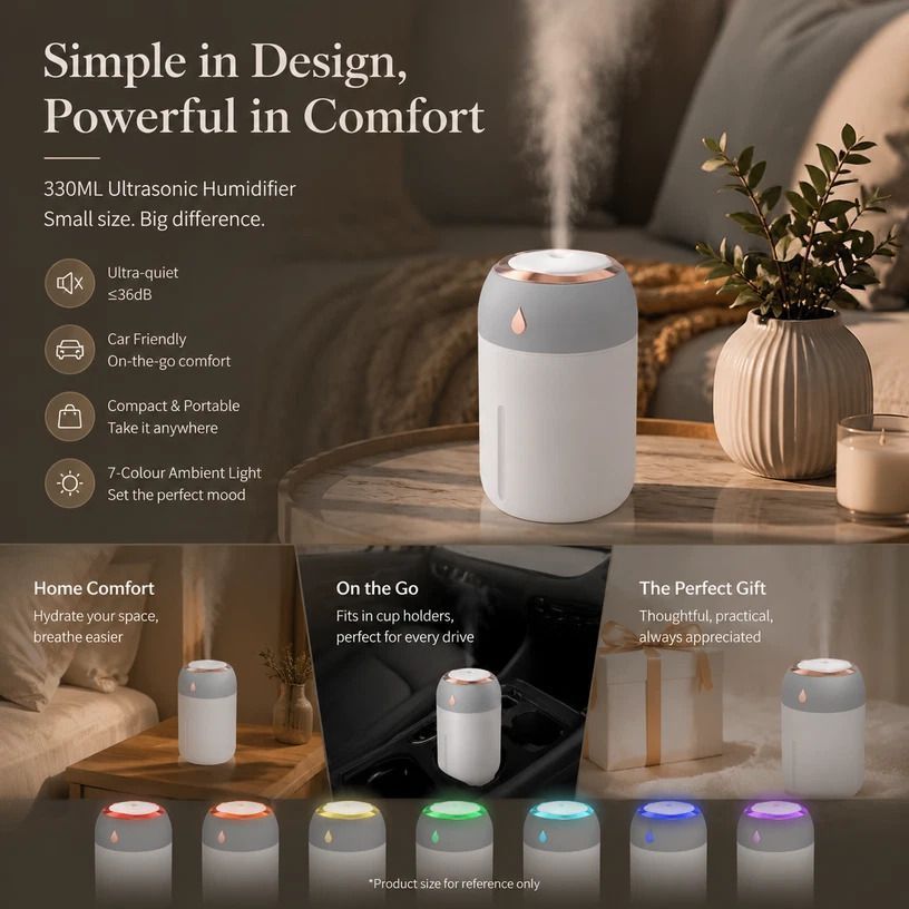 USB Colour Light Mini Humidifier 330ML Grey, Stocking Filler Gift - Image 1