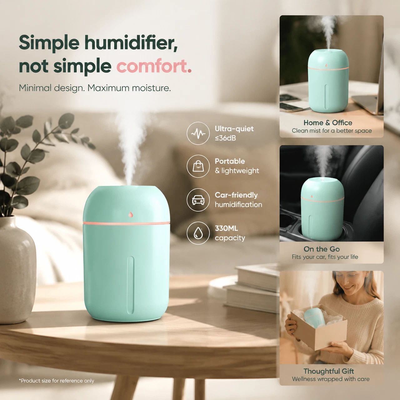 USB Water Drop Mini Humidifier 330ML Green, Car Gift - Image 1