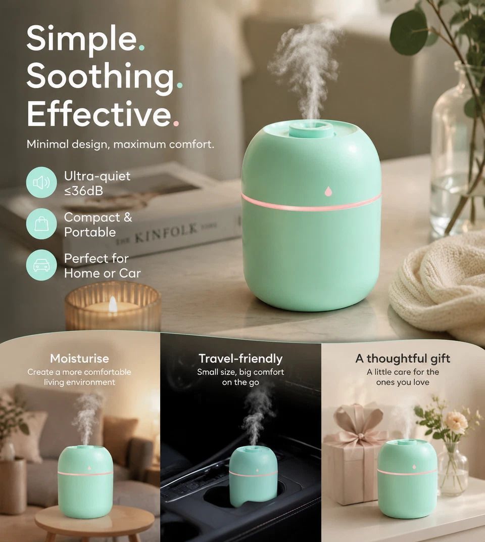 USB Water Drop Mini Humidifier 220ML Green, Office Holiday Gift - Image 1