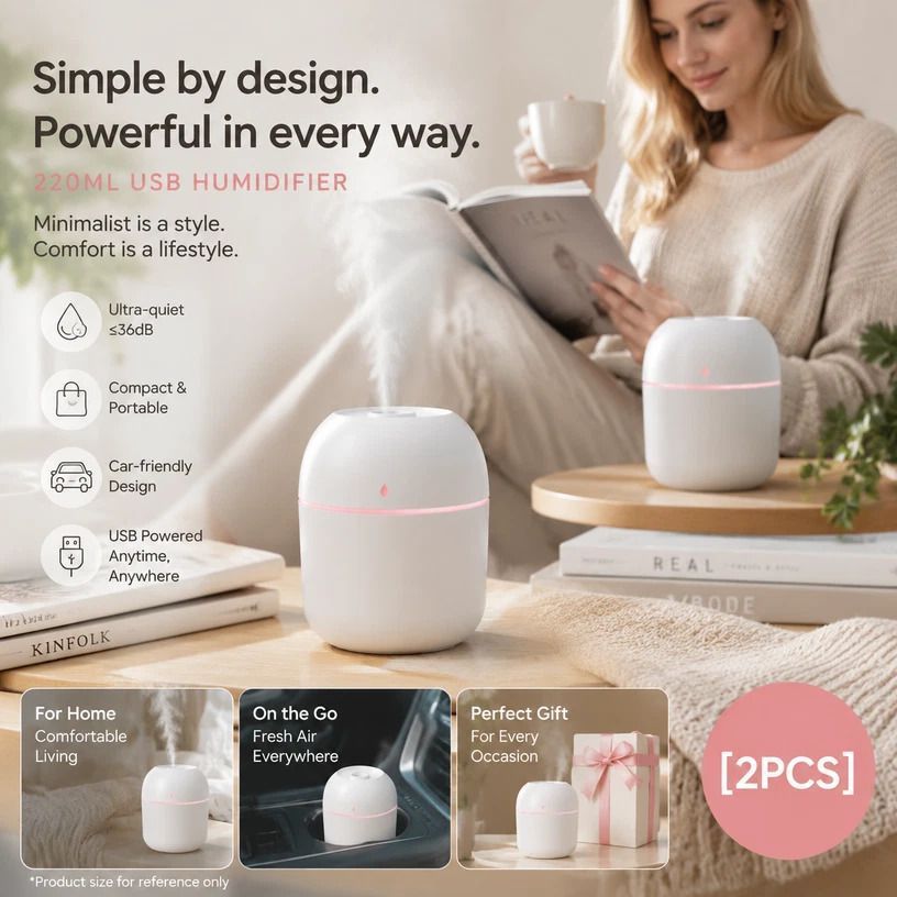 2 Pack Water Drop Humidifier 220ML White, Xmas Gift Pair - Image 1