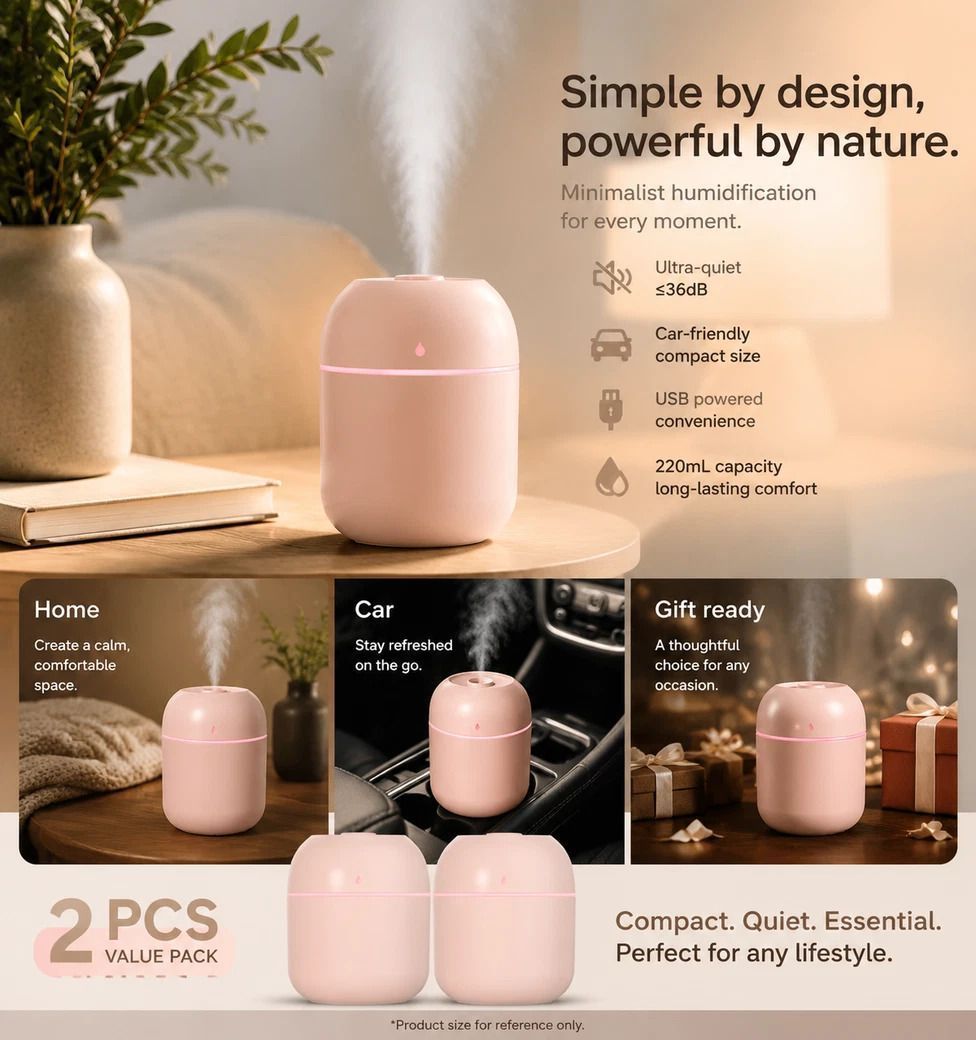 2 Pack Water Drop Humidifier 220ML Pink, Holiday Gift Set - Image 1