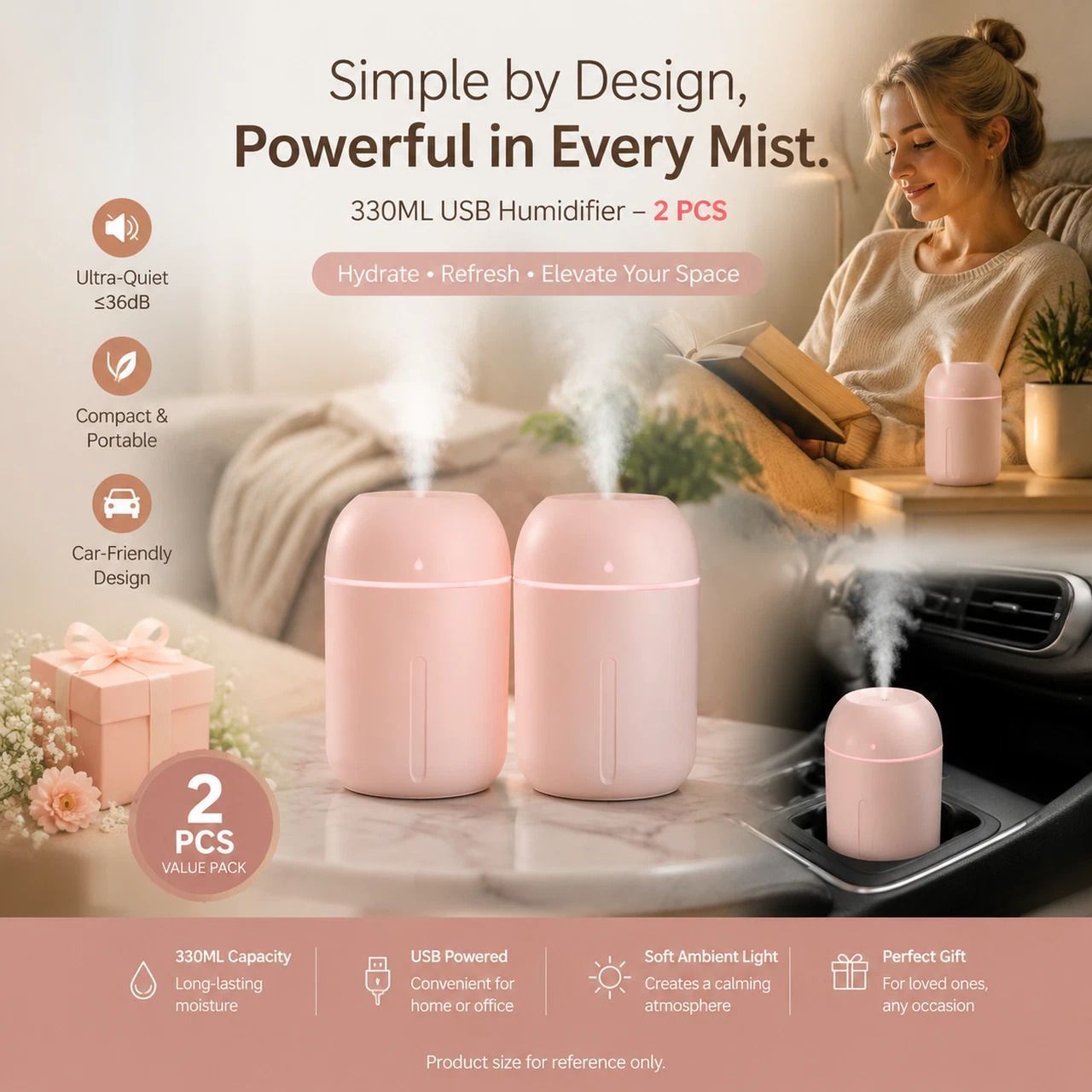 2 Pack Water Drop Humidifier 330ML Pink, Bedroom Gift Duo - Image 1