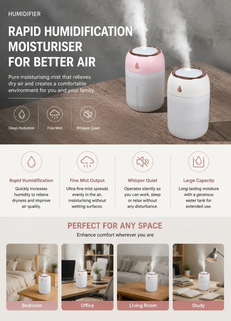2 Pack Water Drop Humidifier 330ML Pink, Bedroom Gift Duo - Image 3