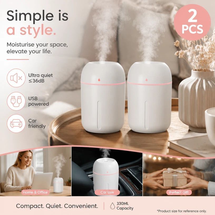 2 Pack Water Drop Humidifier 330ML White, Home Decor Pack - Image 1
