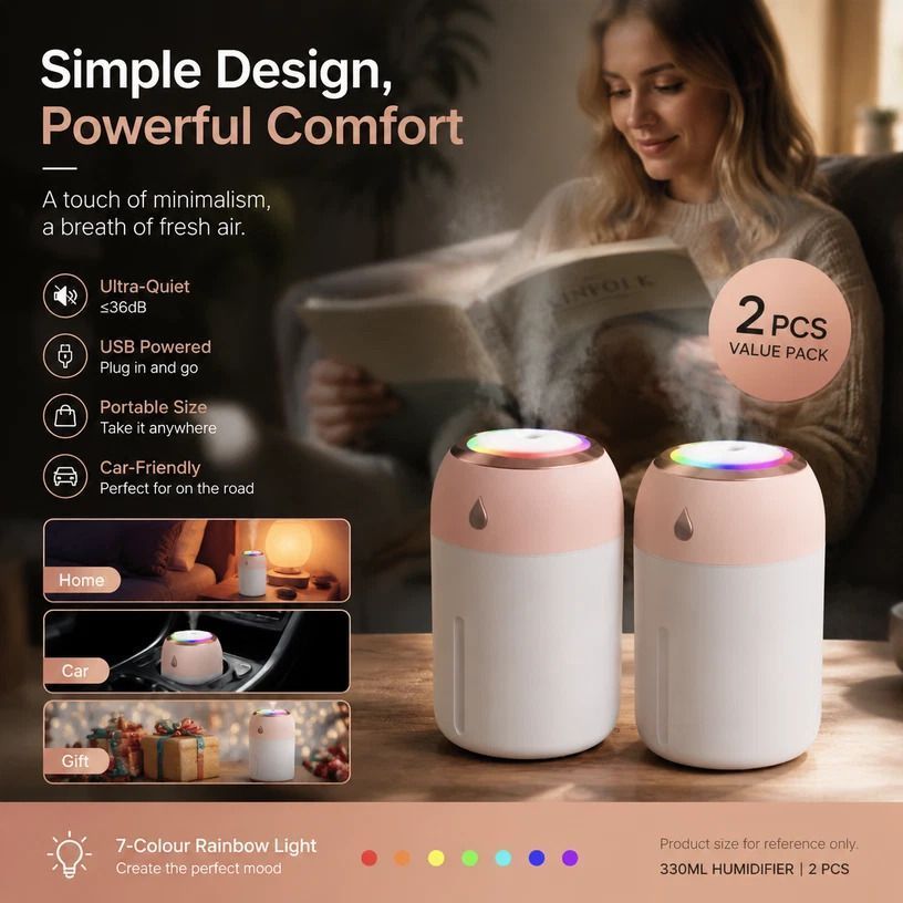 2 Pack Colour Light Humidifier 330ML Pink, Festive Bundle - Image 1