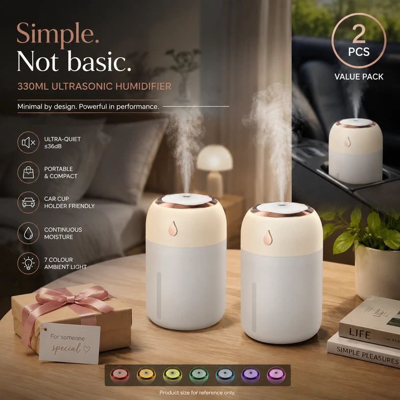 2 Pack Colour Light Humidifier 330ML White, Christmas Hamper Filler - Image 1