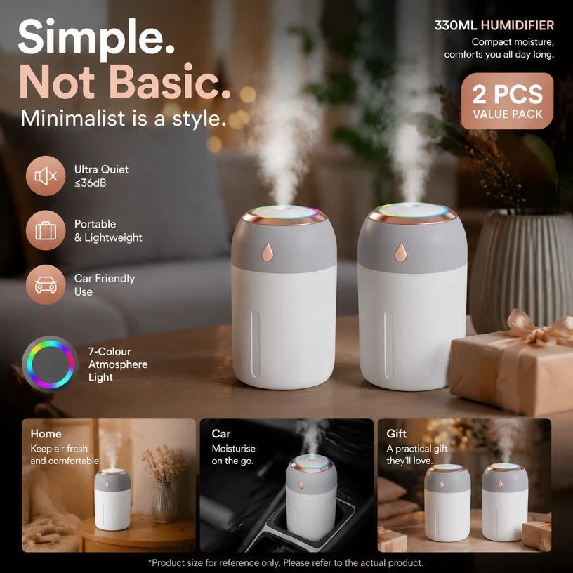2 Pack Colour Light Humidifier 330ML Grey, Car Xmas Gift Set - Image 1