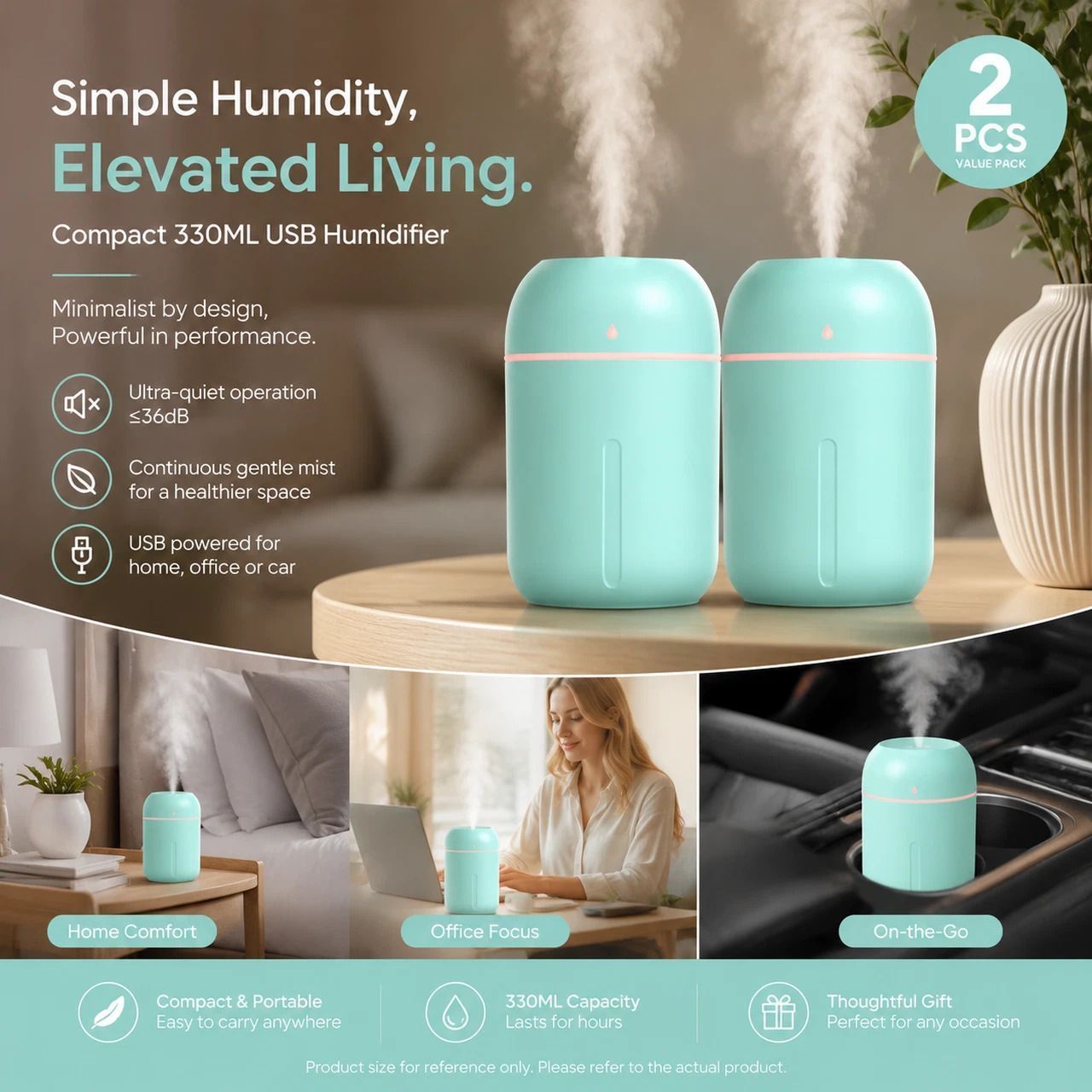 2 Pack Water Drop Humidifier 330ML Green, Mixed Holiday Pack - Image 1