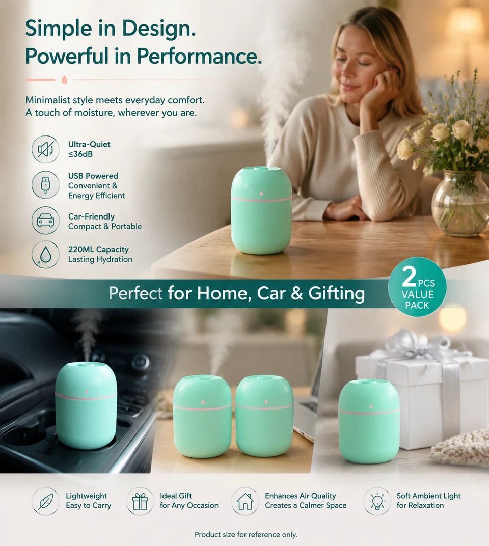 2 Pack Water Drop Humidifier 220ML Green, Office Gift Pair - Image 1