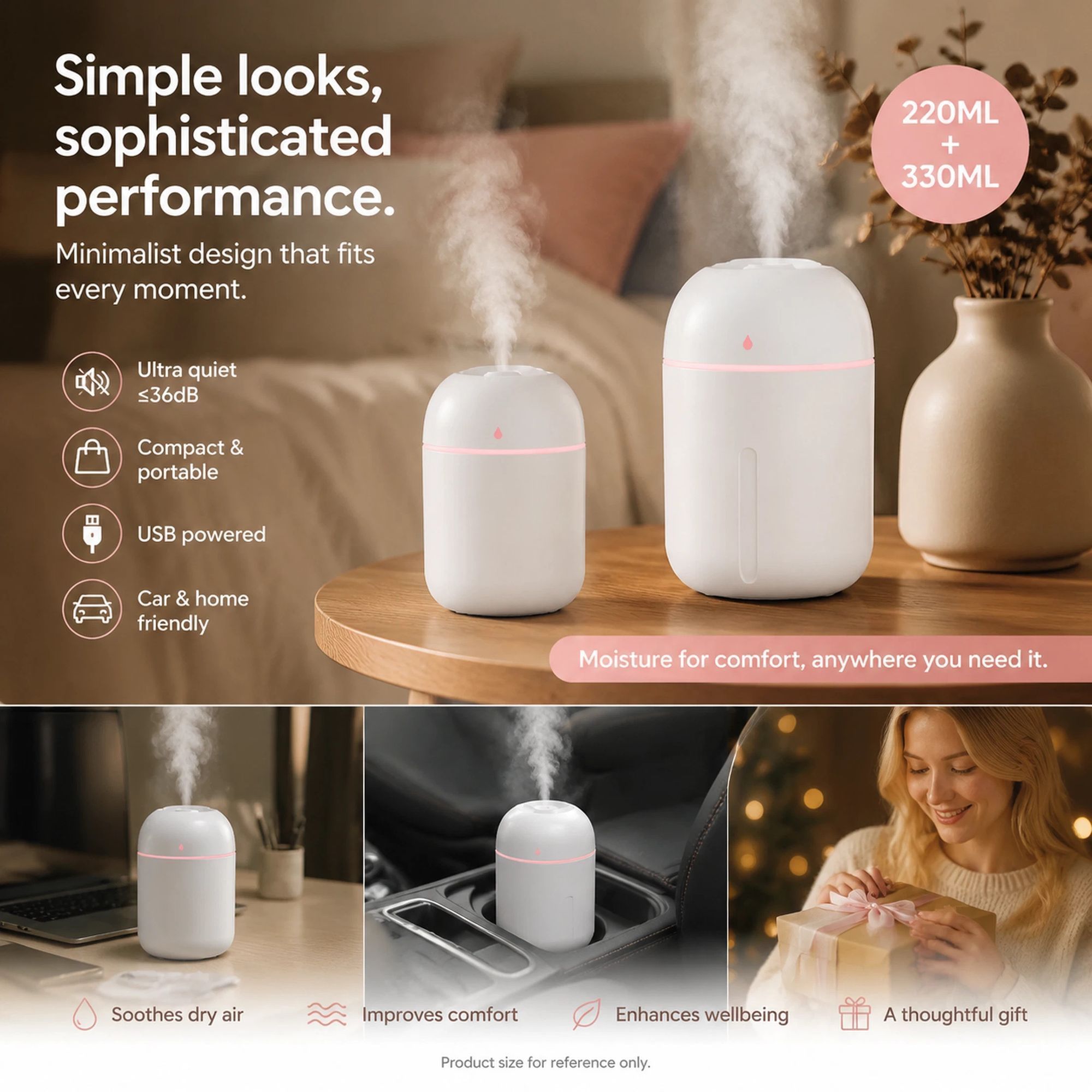 2 Pack Water Drop Humidifier White 220ML+330ML Combo, Xmas Gift - Image 1