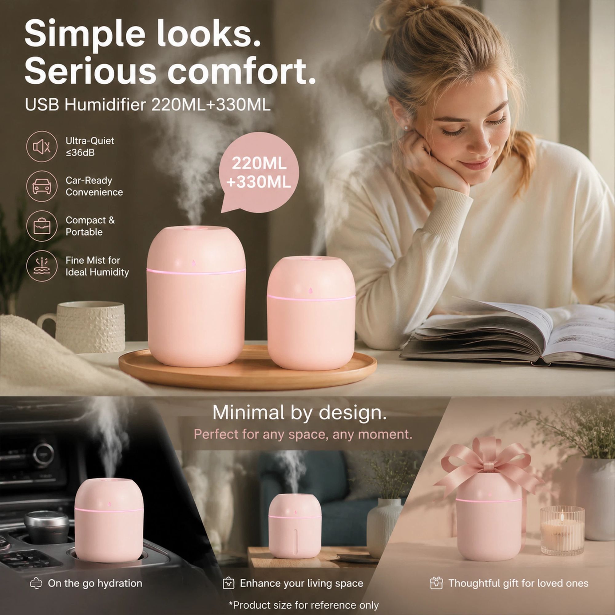 2 Pack Water Drop Humidifier Pink 220ML+330ML Combo, Holiday Present - Image 1
