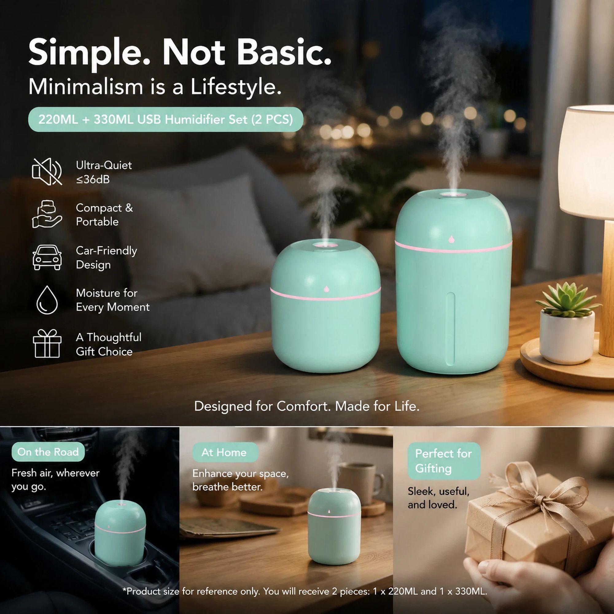 2 Pack Water Drop Humidifier Green 220ML+330ML Combo, Car Decor Gift - Image 1