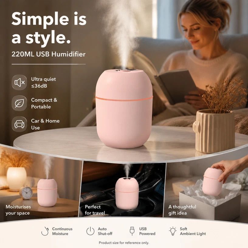 USB Water Drop Aroma Humidifier 220ML Nordic Pink, Christmas Gift - Image 1