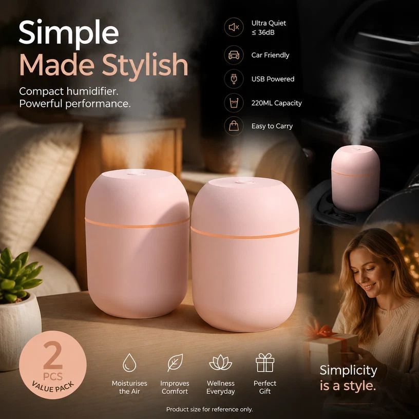 2 Pack Water Drop Humidifier Nordic Pink, Xmas Gift Pair - Image 1
