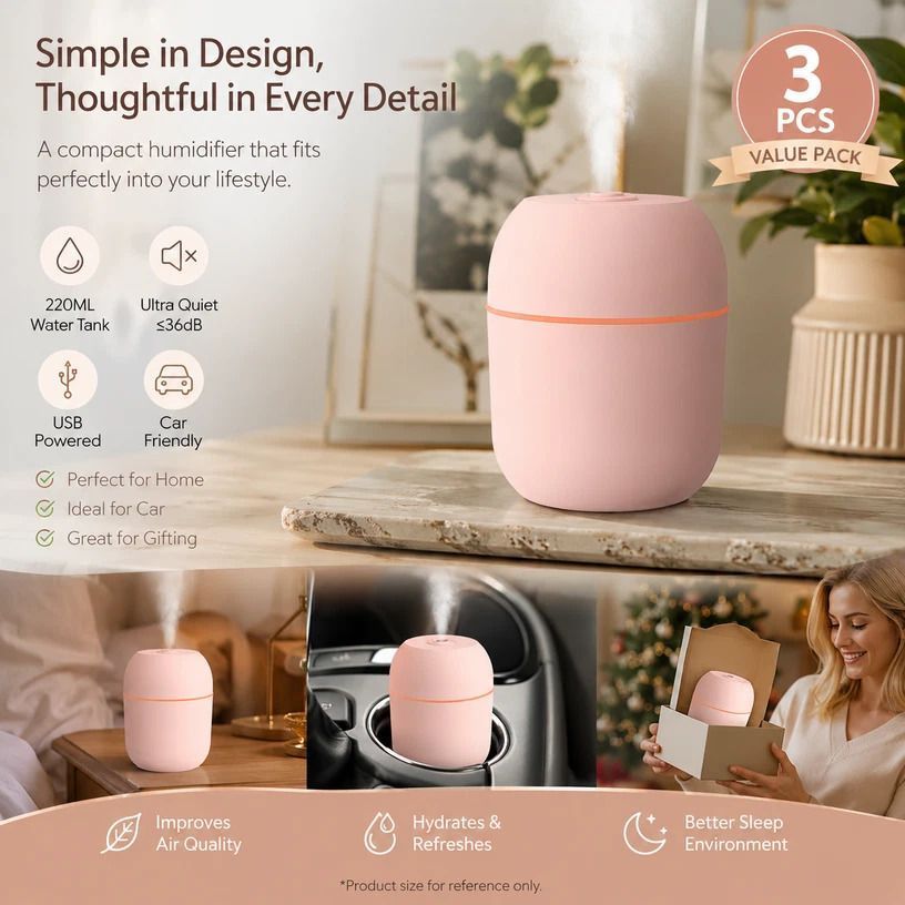 3 Pack Water Drop Humidifier Nordic Pink, Home Gift Pack - Image 1