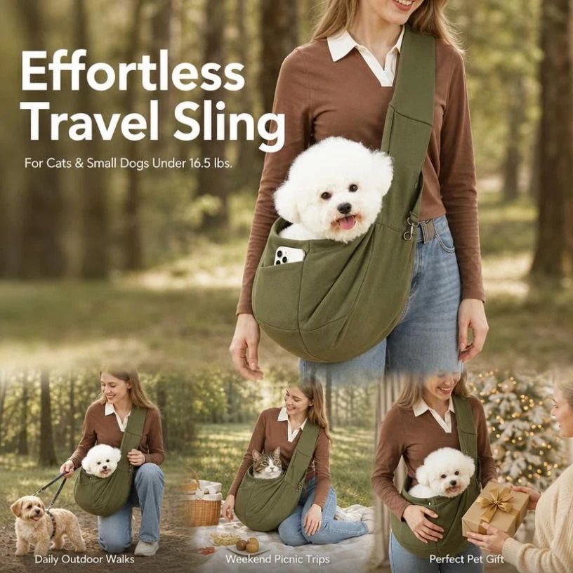 Breathable Cat Carrier Up To 16.5lbs, Army Green With Phone Pocket, Sturdy Daily Walking Carrier - Image 1