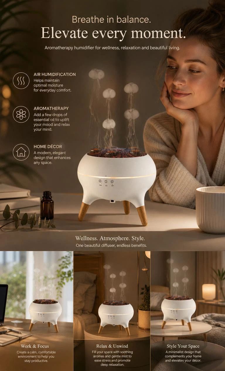 Vibrant Jellyfish Scent Humidifier, Audio Triggered Atmosphere Lamp, Calming Living Room Decor - Image 1