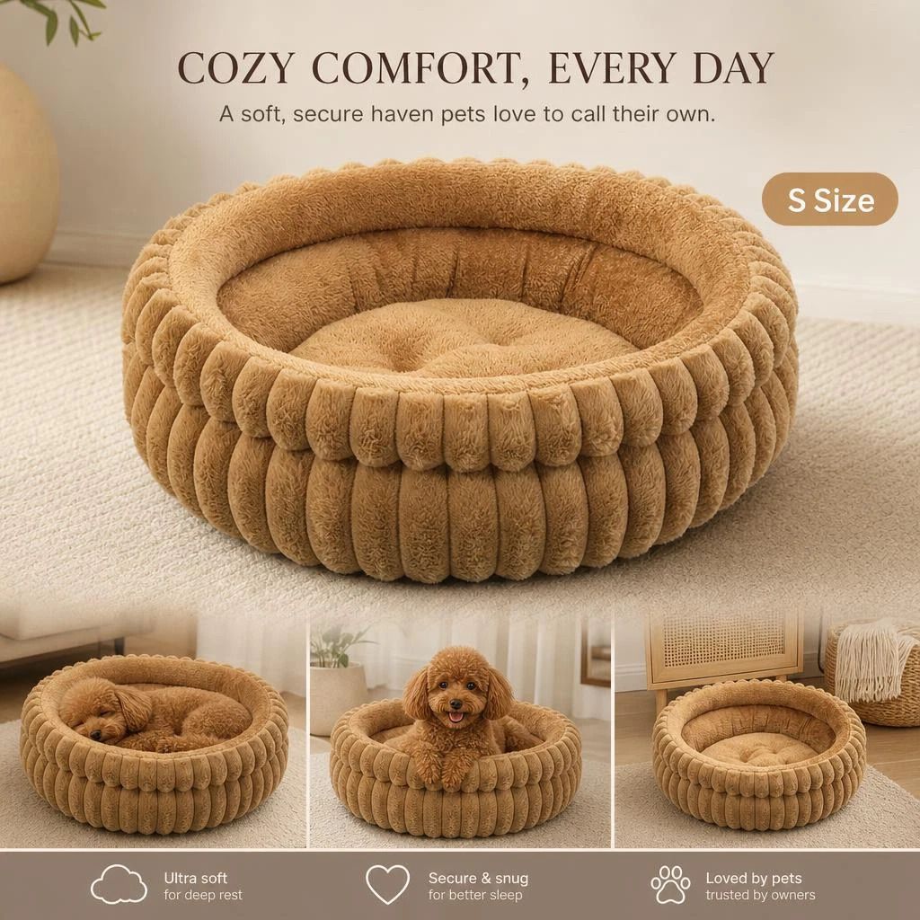 Detachable Round Pet Bed, Thick Warm Moisture Proof For Small Medium Dogs, Coffee Faux Rabbit Fur S Size - Image 1