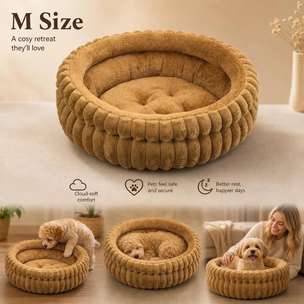 Detachable Round Pet Bed, Cozy Four Season Puppy Nest, Coffee Faux Rabbit Fur M Size - Image 1