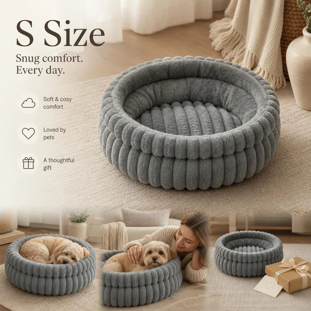 Washable Round Cat Dog Bed, Soft Faux Rabbit Fur Grey S Size, Comfort Rest Gift - Image 1