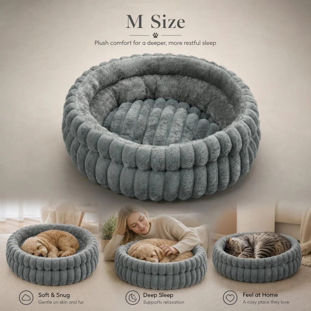 Warm Anti-Damp Pet Round Nest, Grey Faux Rabbit Fur M Size, All Season Daily Use - Image 1