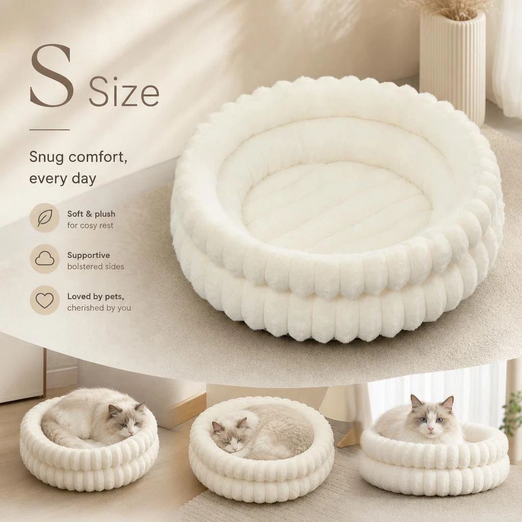 Thick Plush Round Pet Sleeping Bed, Cream Faux Rabbit Fur S Size, Gentle Calming Design - Image 1