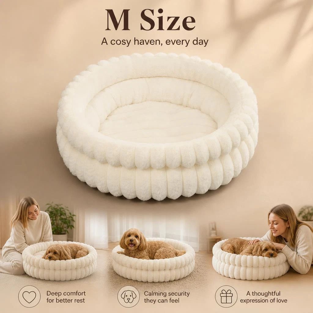 Detachable Washable Dog Cat Bed, Cream Faux Rabbit Fur M Size, Indoor Rest Cushion - Image 1