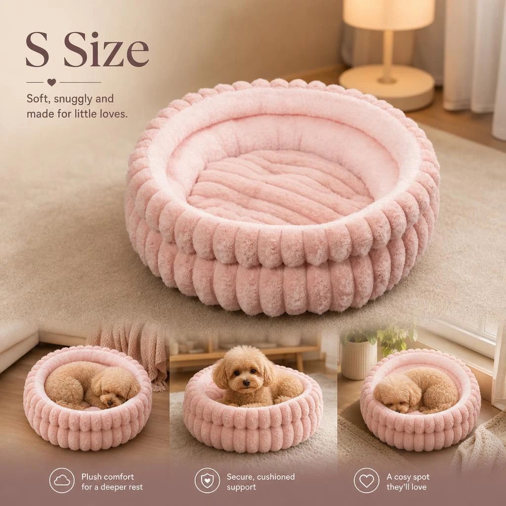 Fluffy Round Pet Nest, Pink Faux Rabbit Fur S Size, Snug Warm For Small Pets - Image 1