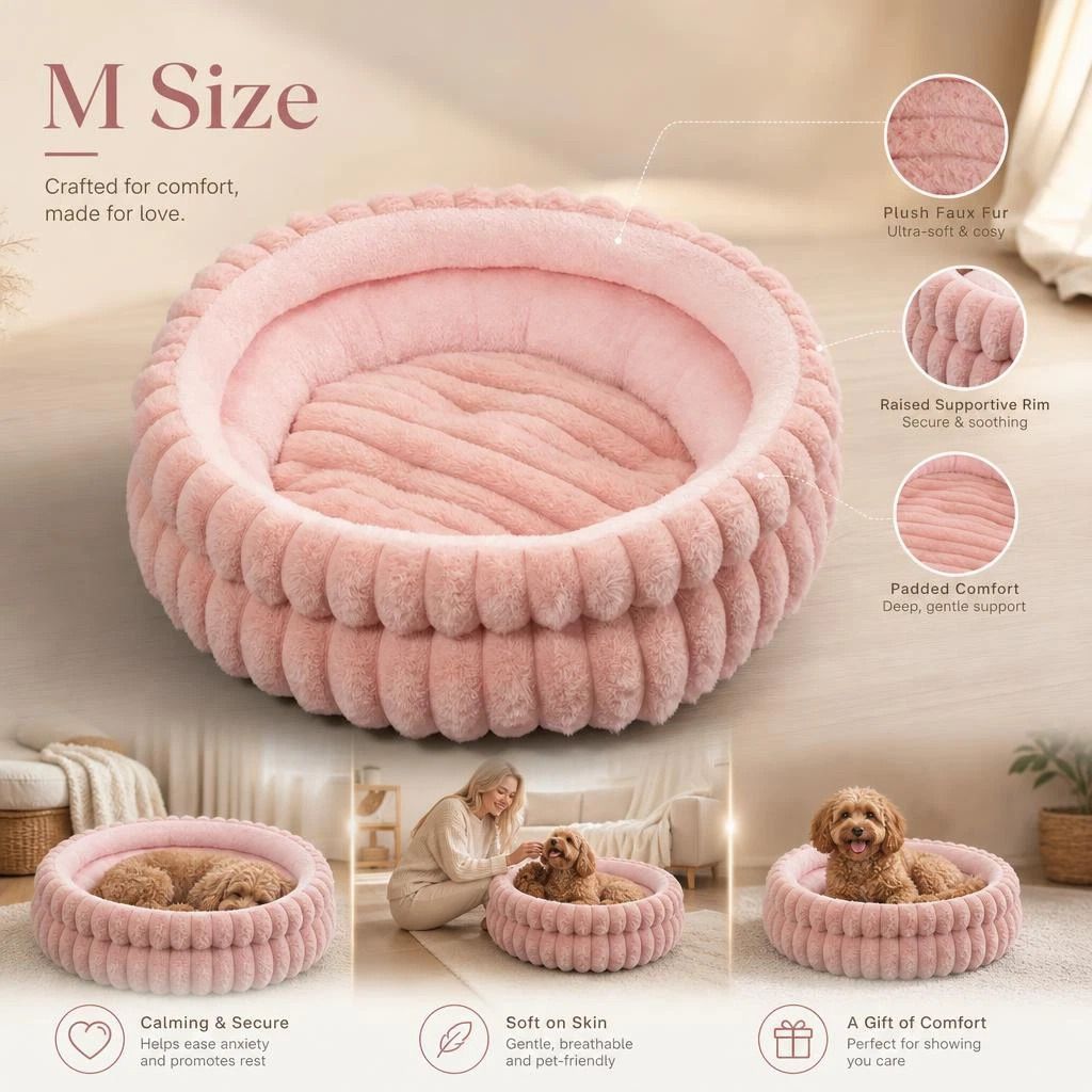 Four Season Universal Pet Round Bed, Pink Faux Rabbit Fur M Size, Holiday Pet Gift - Image 1
