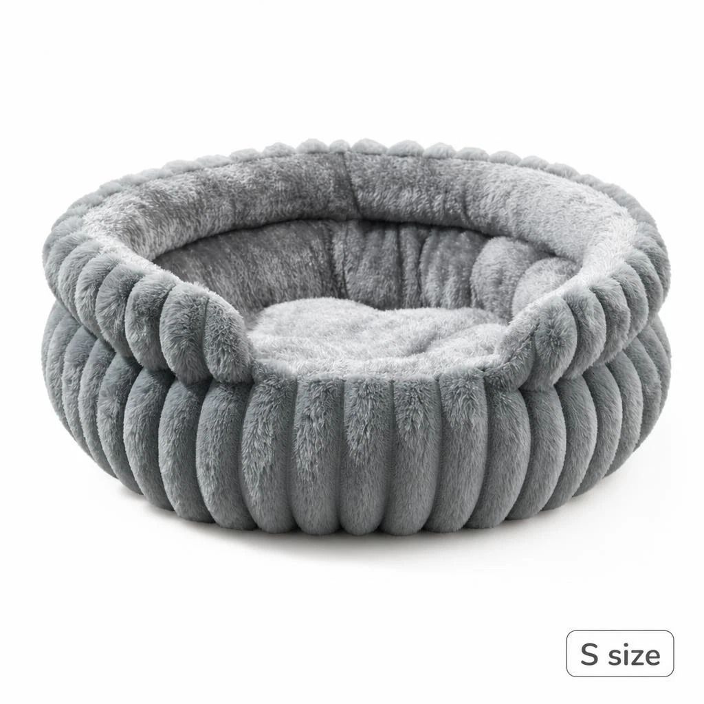 Easy Clean Notch Round Dog Bed, Grey S Size, Warm Plush Indoor Rest Pad - Image 1