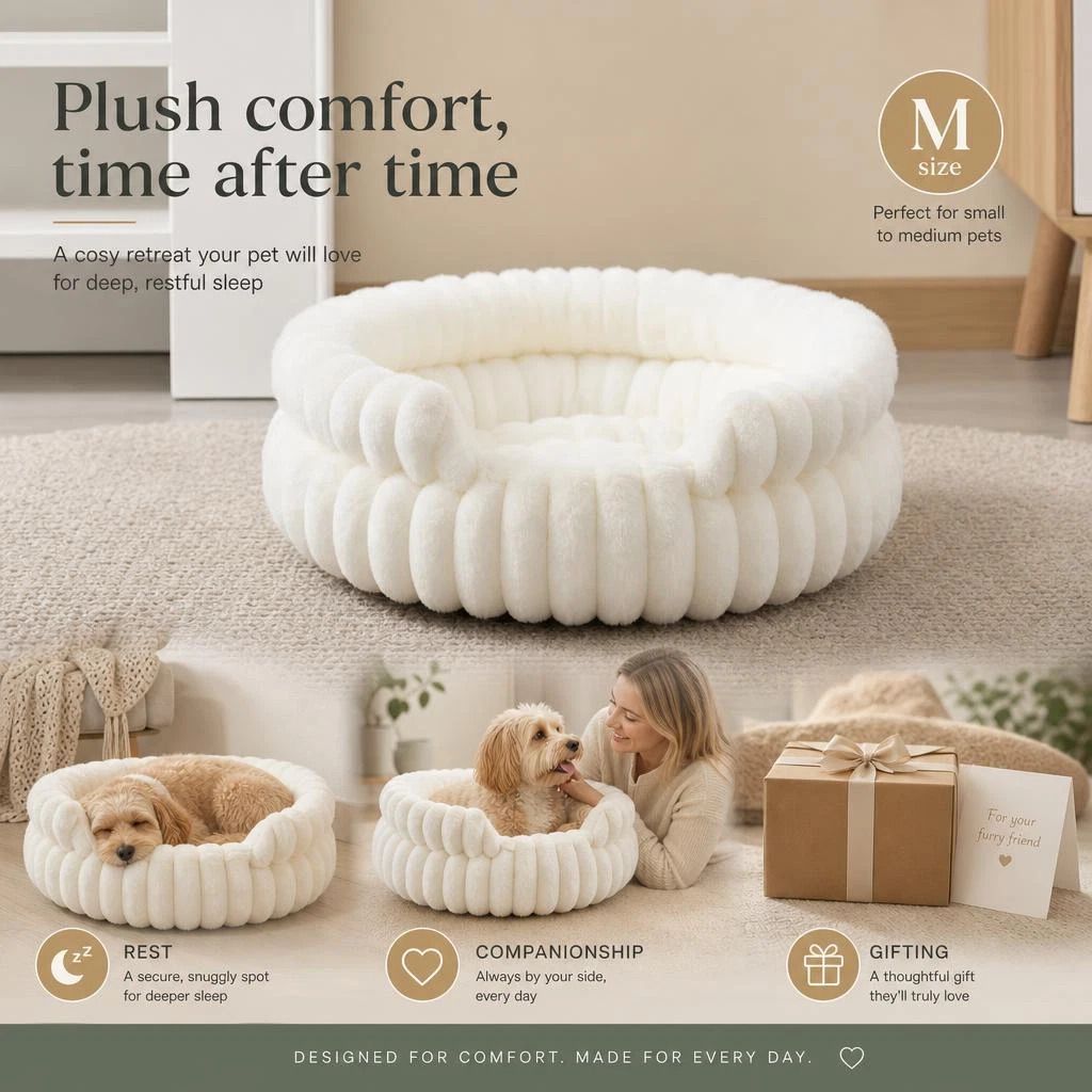 Detachable Notch Pet Round Bed, Cream M Size, Ideal For Medium Breed Puppies - Image 1