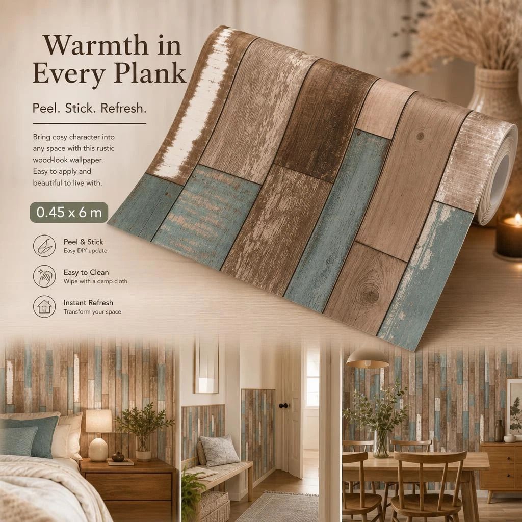 Self Adhesive PVC Retro Wall Film 0.45x6M, Greenish Brown Wood Texture, Kitchen Background - Image 1