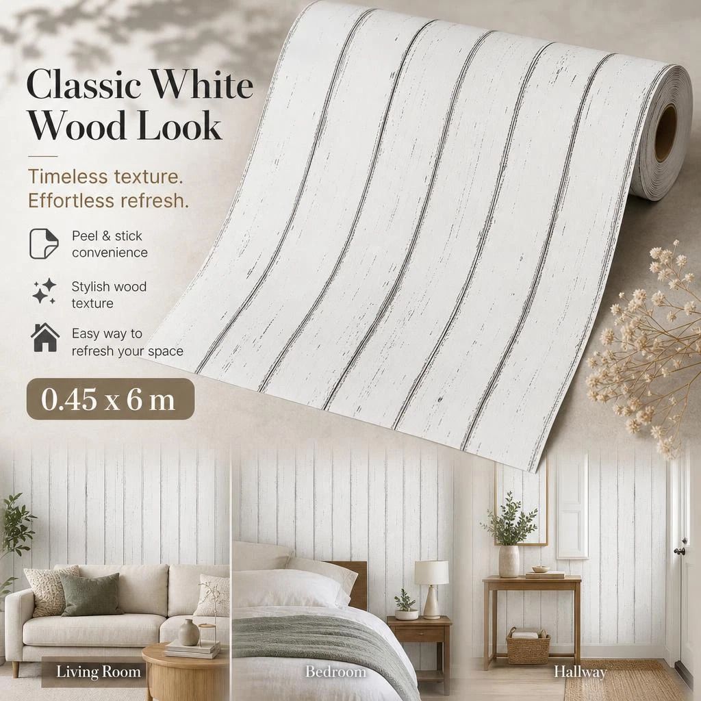 Self Adhesive Vintage Wall Covering 0.45x6M, Nordic White Maple Grain, Bedroom Renovation - Image 1