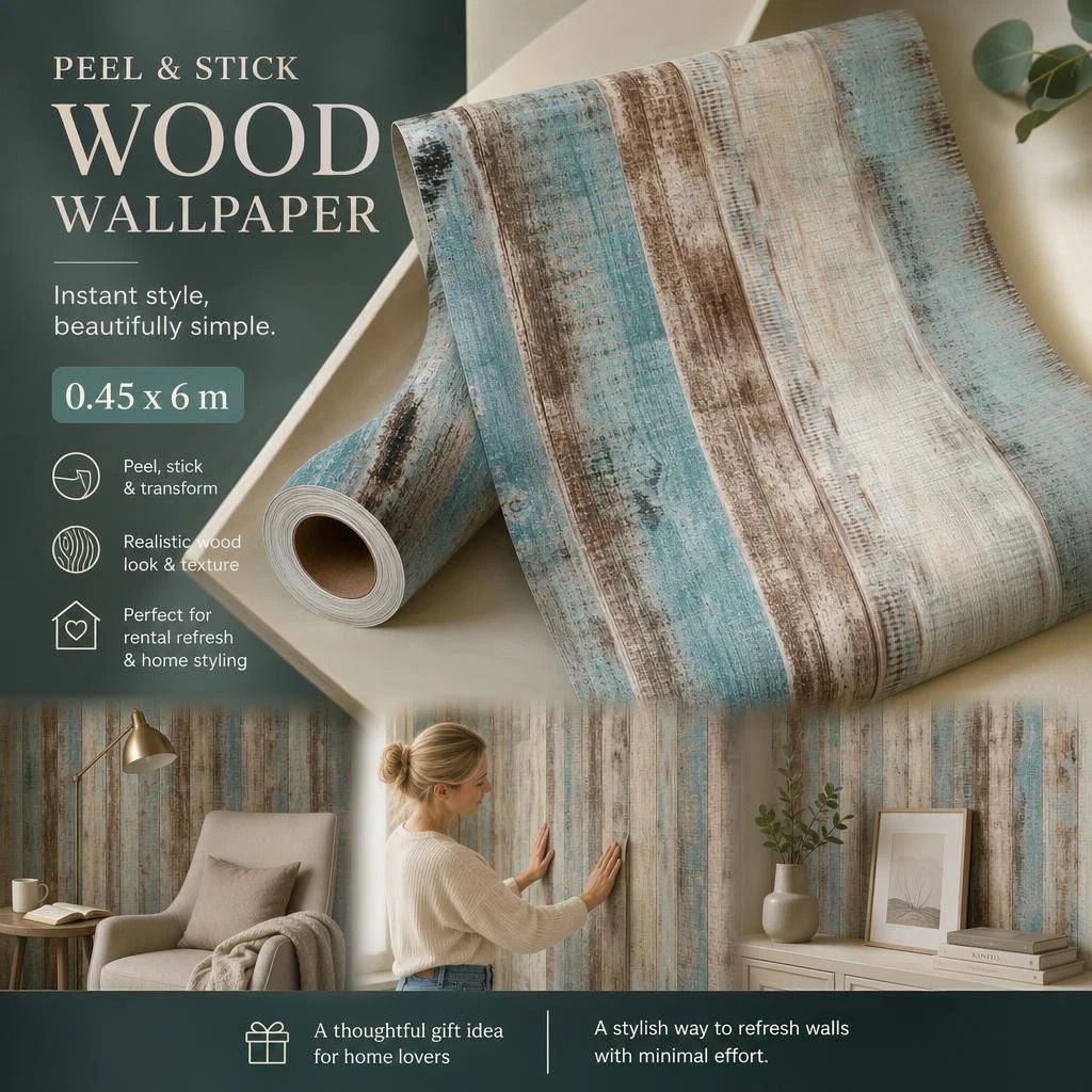 Self Adhesive Waterproof PVC Wall Decal 0.45x6M, Linen Brown Wood Grain, DIY Background Wall - Image 1