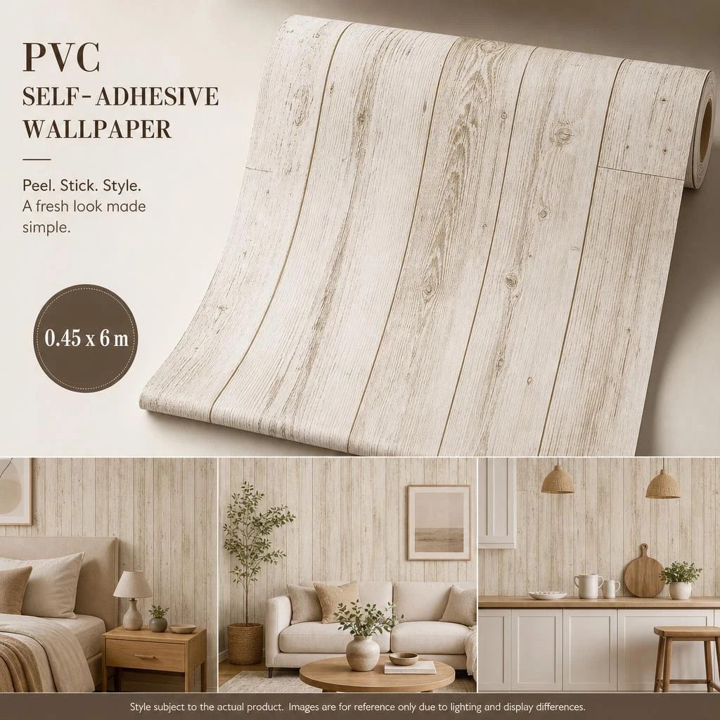 Self Adhesive Background Wallpaper 0.45x6M, Ivory Yellow Wood Grain, Cozy House Renovation - Image 1