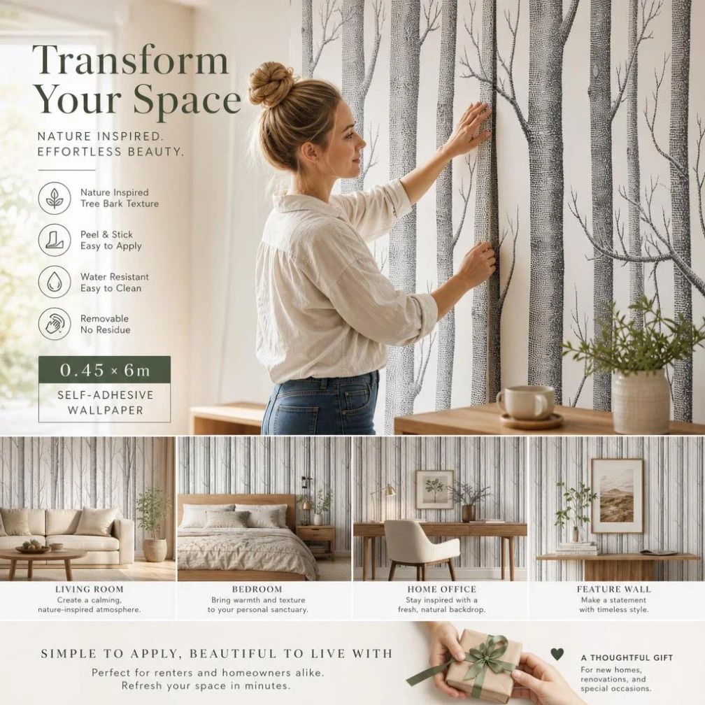 Self Adhesive PVC Wall Decal 0.45x6M, Birch Wood Texture, Natural Home Upgrade - Image 1