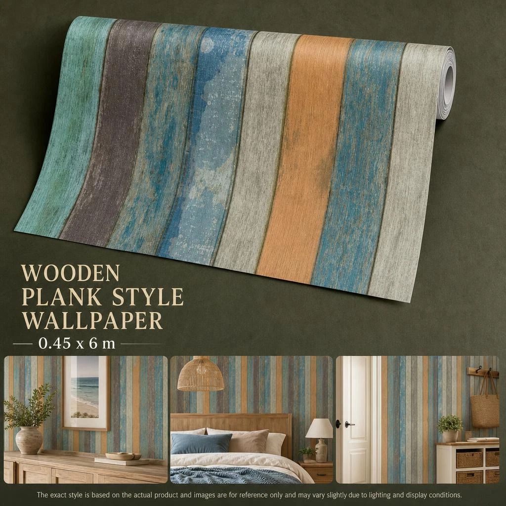 Self Adhesive Waterproof PVC Wall Decal 0.45x6M, Sky Blue Wood Grain, Bright Home Background - Image 1