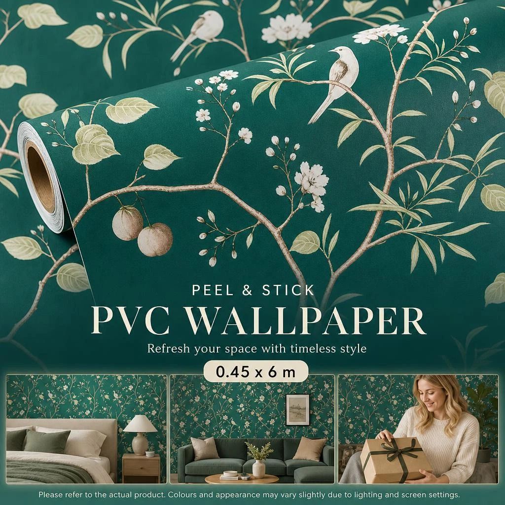 Self Adhesive PVC Wall Sticker 0.45x6M, Chinese Floral Bird Print, Oriental Style Backdrop - Image 1
