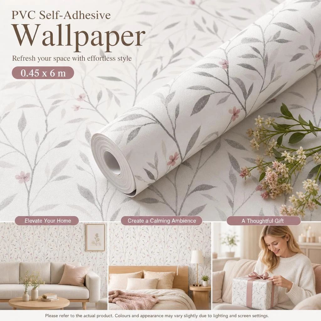 Self Adhesive Retro Background Wall Film 0.45x6M, White Base Floral Texture, Soft Aesthetic Decor - Image 1