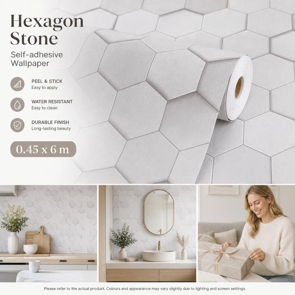 Self Adhesive PVC Wallpaper 0.45x6M, White Honeycomb Pattern, Modern Minimalist Wall - Image 1
