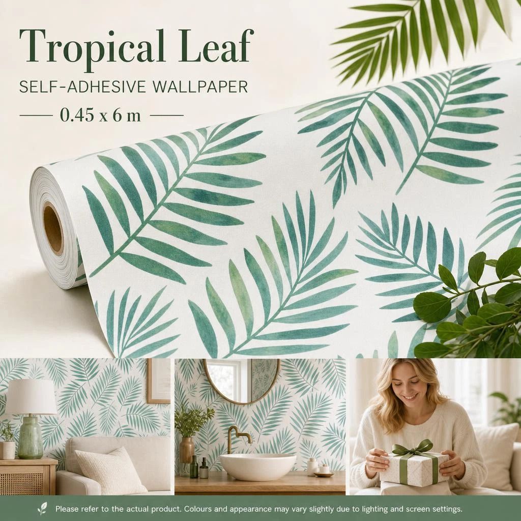 Self Adhesive PVC Wall Decal 0.45x6M, Nordic Palm Leaf Print, Tropical Fresh Background - Image 1