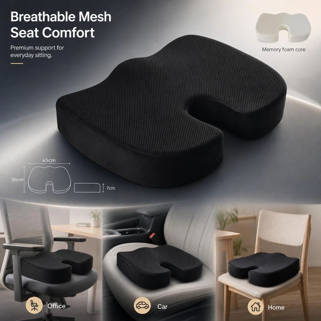 Memory Foam Seat Cushion 45x36x7, Breathable Mesh Black, Ergonomic Office Hip Support - Image 1