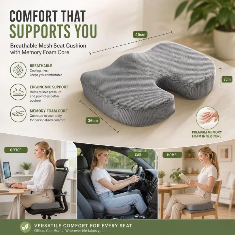 Slow Rebound Seat Pad 45x36x7, Breathable Mesh Grey, Comfort For Car & Desk Chairs - Image 1