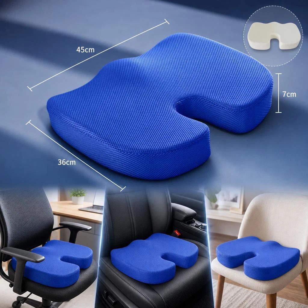 Ergonomic Memory Foam Cushion 45x36x7, Breathable Mesh Blue, Relieve Sitting Pressure - Image 1