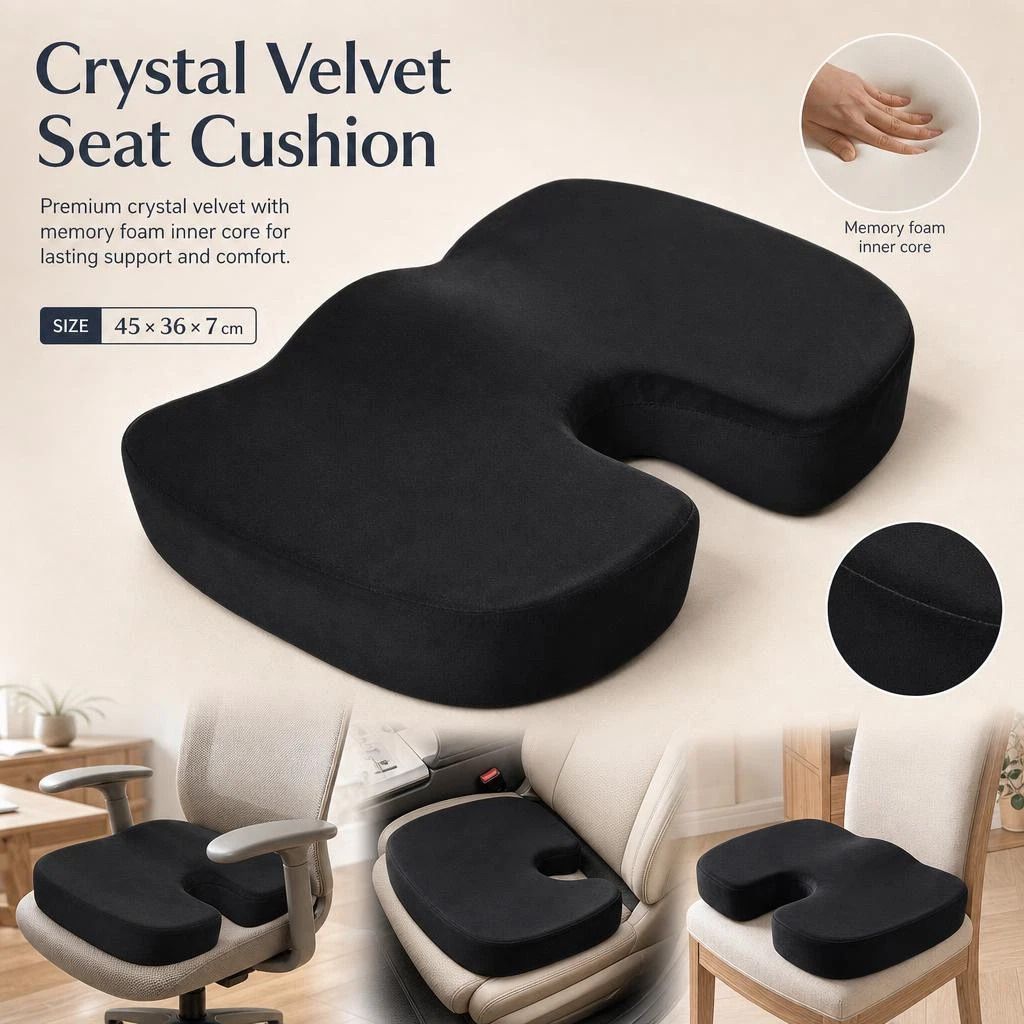 Slow Rebound Hip Cushion 45x36x7, Crystal Velvet Black, Soft Office Seat Support - Image 1