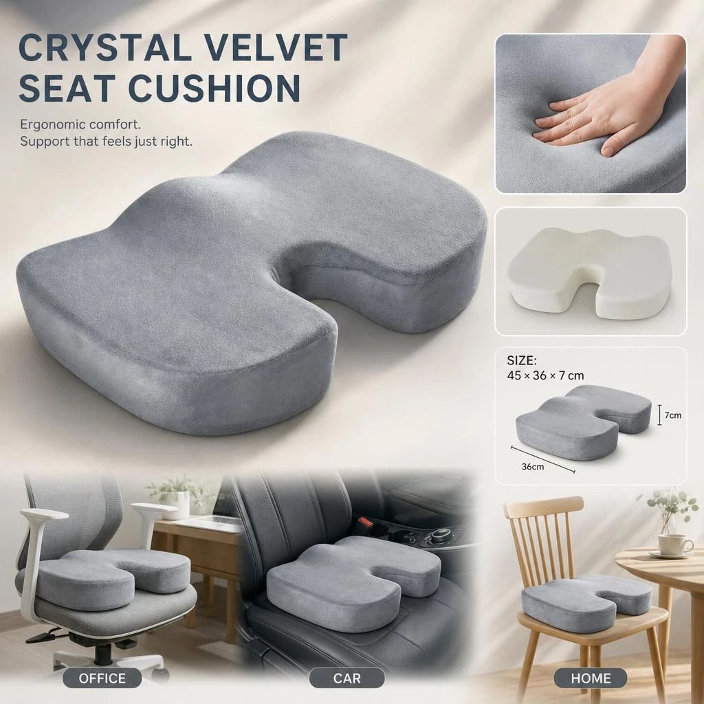 Memory Foam Butt Pad 45x36x7, Crystal Velvet Grey, Comfort Long Hour Sitting - Image 1