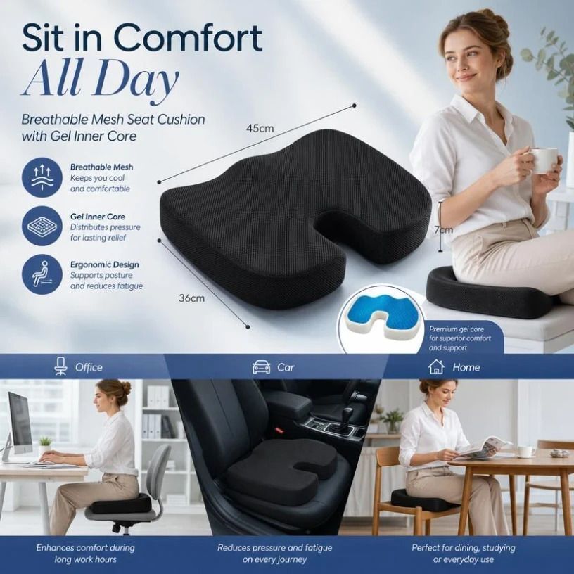 Gel Infused Memory Foam Seat Cushion 45x36x7, Breathable Mesh Black, Cooling Pressure Relief - Image 1